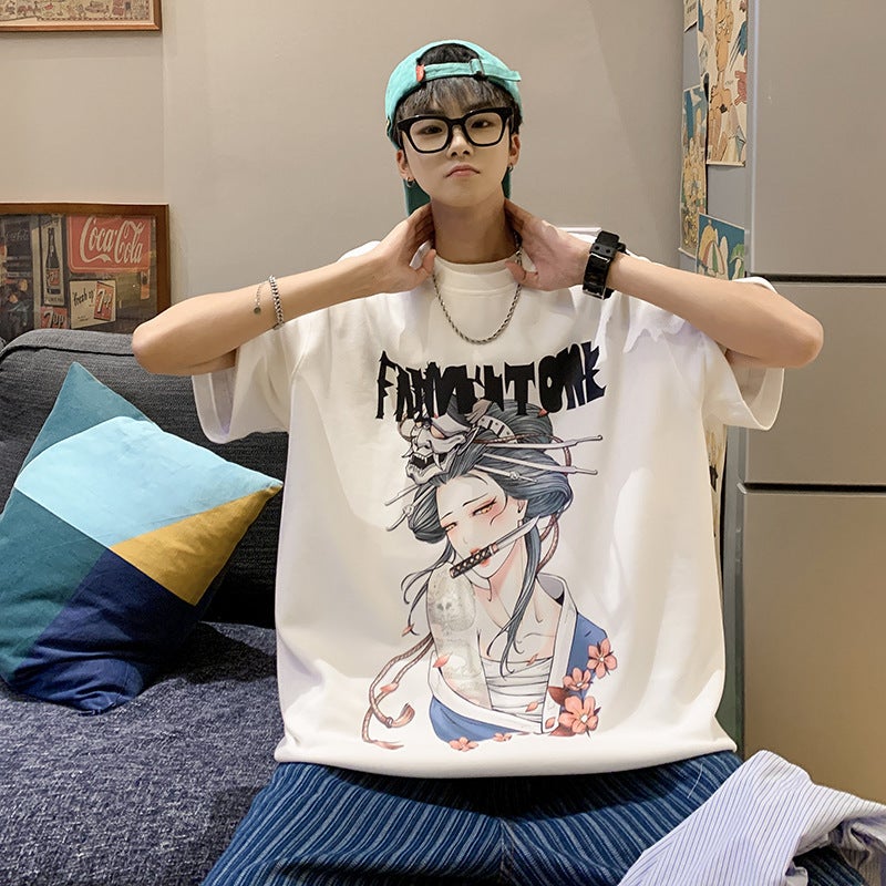 Japanese Printed T-Shirt Men'S Summer Korean Style Trendy Heavy-Duty Short-Sleeved Oversize Teenager Trendy Brand All-Match T-Shirt - Image 3