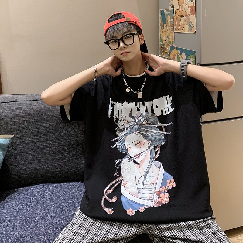 Japanese Printed T-Shirt Men'S Summer Korean Style Trendy Heavy-Duty Short-Sleeved Oversize Teenager Trendy Brand All-Match T-Shirt - Image 5