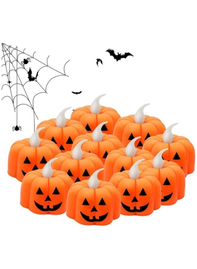 عبوة من 12 شمعة صغيرة على شكل قرع بدون لهب تعمل بالبطارية LED مصابيح شاي برتقالية ثلاثية الأبعاد - Image 1