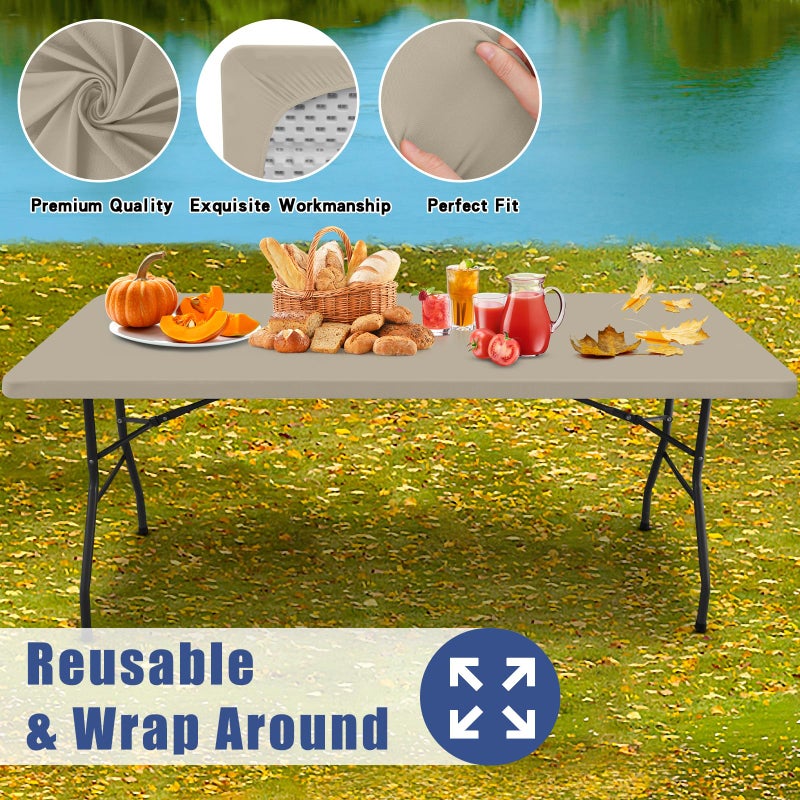 Moosfor Spandex 6 Foot Rectangle Table Cloth  Elastic Fitted Tablecloths For Picnic  Stretch Washable Patio Table Cover For Outdoor  Camping  Banquet And Parties (Taupe  30""X72"") - Image 5