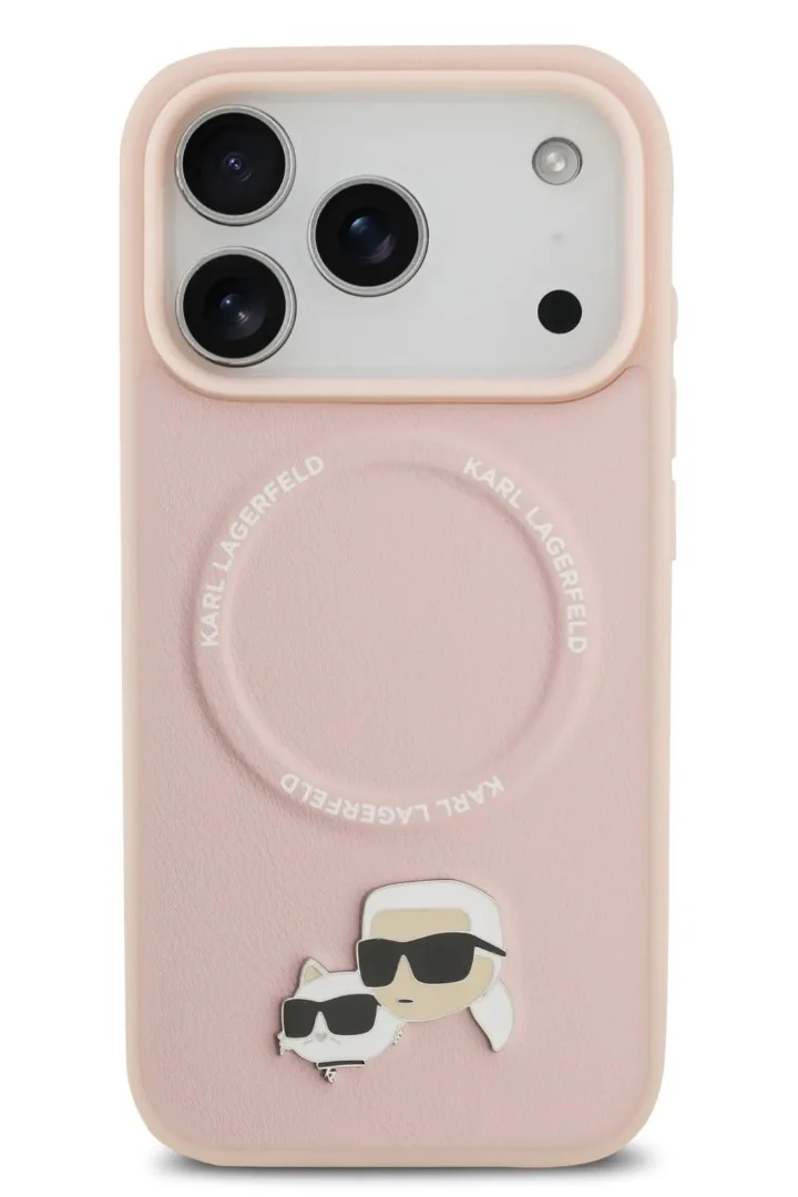كارل لاغرفيلد iPhone 17 Pro Max MagSafe Case / PU Leather Case With Karl & Choupette Head Pins / Pink