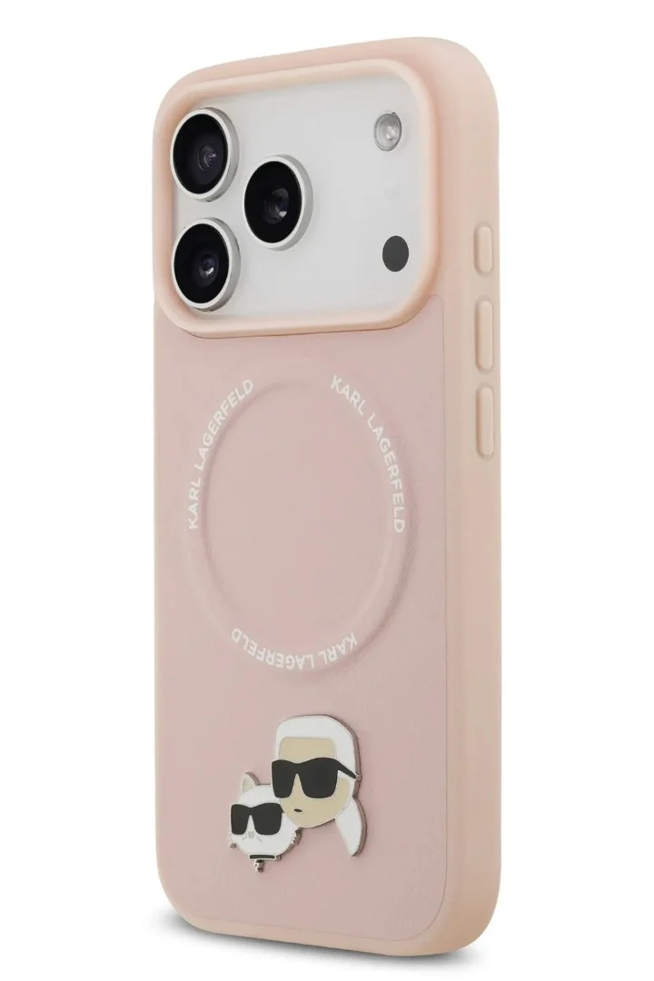 كارل لاغرفيلد iPhone 17 Pro Max MagSafe Case / PU Leather Case With Karl & Choupette Head Pins / Pink