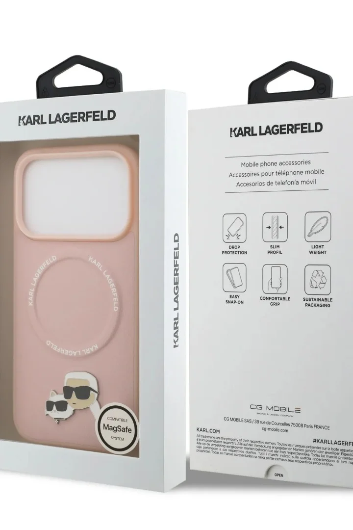 كارل لاغرفيلد iPhone 17 Pro Max MagSafe Case / PU Leather Case With Karl & Choupette Head Pins / Pink