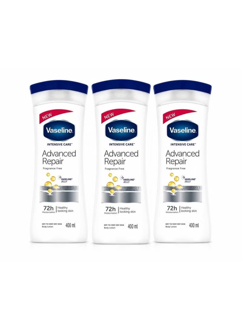 Vaseline Intensive Care Advanced Repair Body Lotion Fragrance Free, Deep Moisturizing Lotion for Dry to Very Dry Skin, 72-Hour Hydration with Vaseline Jelly, Fast Absorbing Daily Skin Care, 400ml (Pack of 3) - Image 1