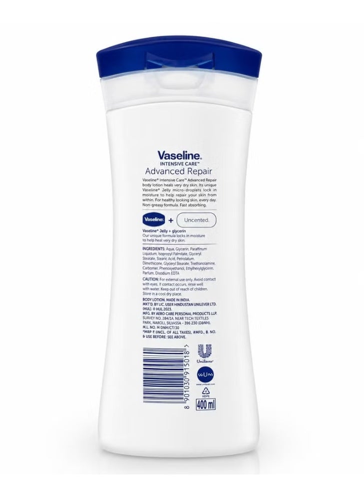 Vaseline Intensive Care Advanced Repair Body Lotion Fragrance Free, Deep Moisturizing Lotion for Dry to Very Dry Skin, 72-Hour Hydration with Vaseline Jelly, Fast Absorbing Daily Skin Care, 400ml (Pack of 3) - Image 3
