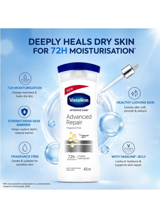 Vaseline Intensive Care Advanced Repair Body Lotion Fragrance Free, Deep Moisturizing Lotion for Dry to Very Dry Skin, 72-Hour Hydration with Vaseline Jelly, Fast Absorbing Daily Skin Care, 400ml (Pack of 3) - Image 4