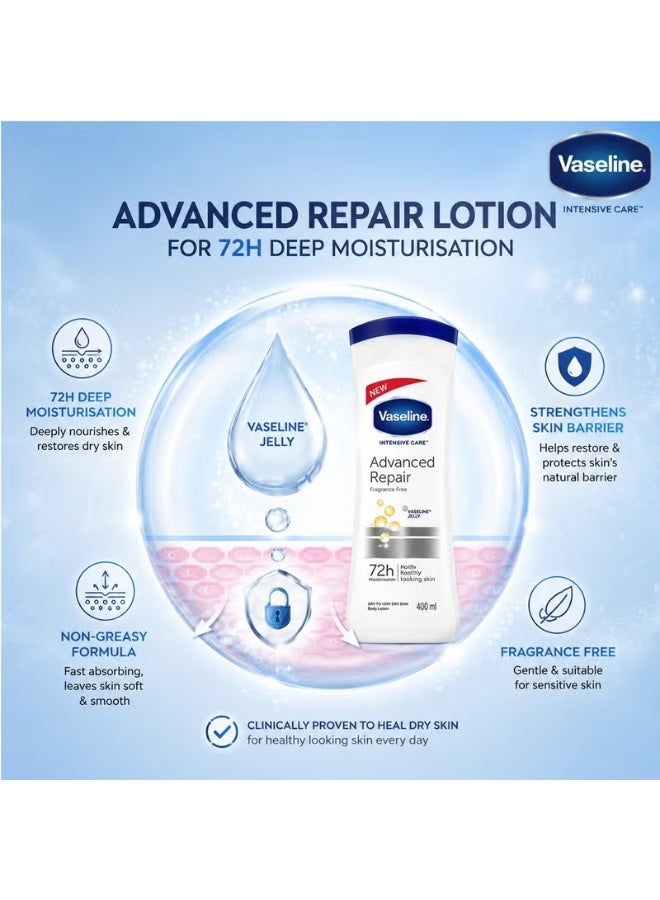 Vaseline Intensive Care Advanced Repair Body Lotion Fragrance Free, Deep Moisturizing Lotion for Dry to Very Dry Skin, 72-Hour Hydration with Vaseline Jelly, Fast Absorbing Daily Skin Care, 400ml (Pack of 3) - Image 5