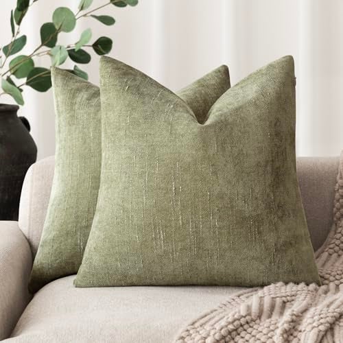 Foindtower Pack of 2 Soft Textured Chenille Throw Decorative Pillow Covers Square Accent Solid Cushion Cover Cozy Neutral Farmhouse Pillow Case for Couch Sofa Bedroom Living Room 26x26 InchSage Green