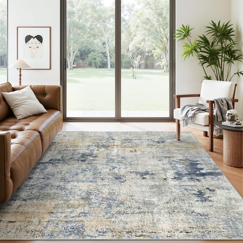 Soalmost Abstract Rug 5x7 Machine Washable Area Indoor Blue Yellow Low Pile Non-Slip Foldable Thin Accent Rugs for Bedroom Living Room Dining Room - Image 1