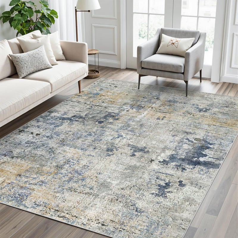 Soalmost Abstract Rug 5x7 Machine Washable Area Indoor Blue Yellow Low Pile Non-Slip Foldable Thin Accent Rugs for Bedroom Living Room Dining Room - Image 2