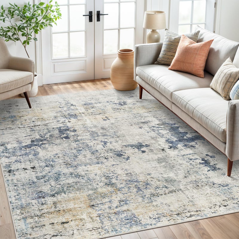Soalmost Abstract Rug 5x7 Machine Washable Area Indoor Blue Yellow Low Pile Non-Slip Foldable Thin Accent Rugs for Bedroom Living Room Dining Room - Image 4