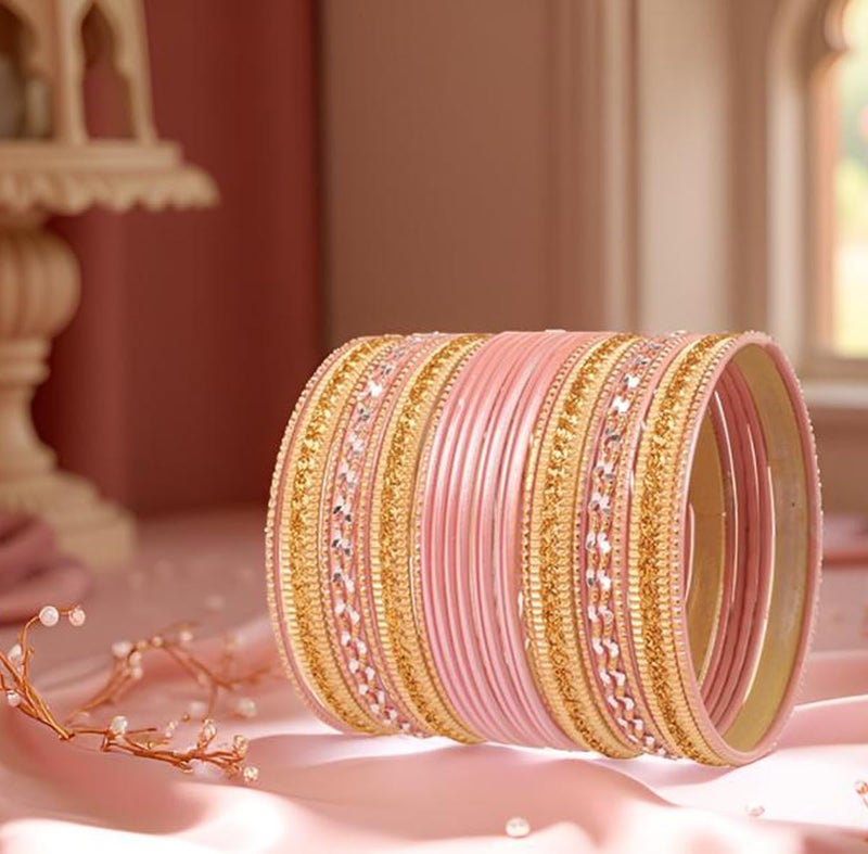Touchstone "Colorful 2 Dozen Bangle Collection Indian Bollywood Alloy Metal Textured Baby Pink Designer Jewelry Bangle Bracelets Set of 24 In Antique Gold Tone For Women - Image 3