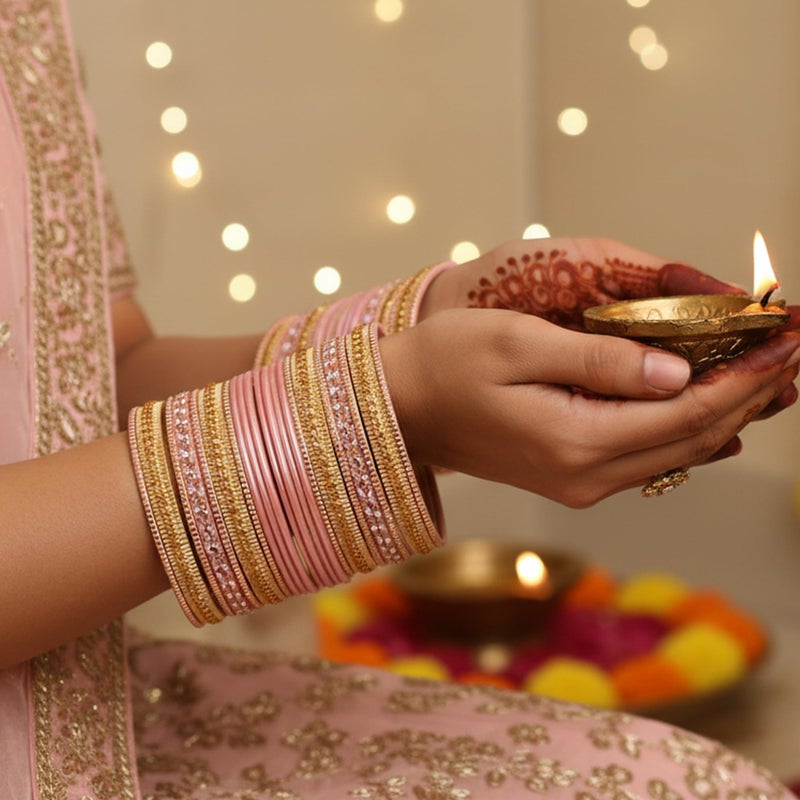 Touchstone "Colorful 2 Dozen Bangle Collection Indian Bollywood Alloy Metal Textured Baby Pink Designer Jewelry Bangle Bracelets Set of 24 In Antique Gold Tone For Women - Image 2