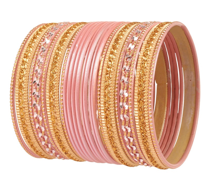 Touchstone "Colorful 2 Dozen Bangle Collection Indian Bollywood Alloy Metal Textured Baby Pink Designer Jewelry Bangle Bracelets Set of 24 In Antique Gold Tone For Women - Image 1