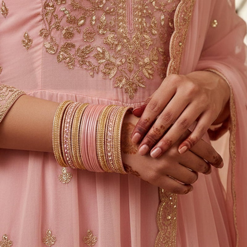 Touchstone "Colorful 2 Dozen Bangle Collection Indian Bollywood Alloy Metal Textured Baby Pink Designer Jewelry Bangle Bracelets Set of 24 In Antique Gold Tone For Women - Image 4