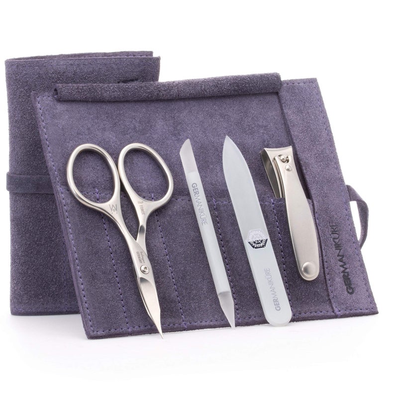 GERMANIKURE 4pc Mini Professional Manicure Set in Purple Suede Case - FINOX Stainless Steel Tools Made in Solingen Germany, Glass Nail Care Supplies Made in Czech Republic - Image 2
