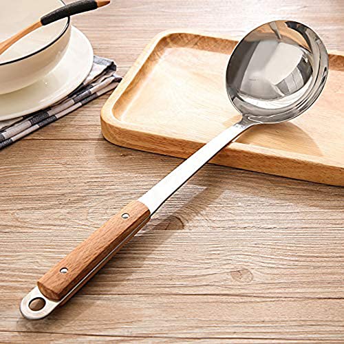 KPNG Skimmer Slotted Spoon, Heavy Duty 304 Stainless Steel Slotted Spoon with Plastic Black Handle, Comfortable Wooden Grip Design (1 Pack) - Image 1