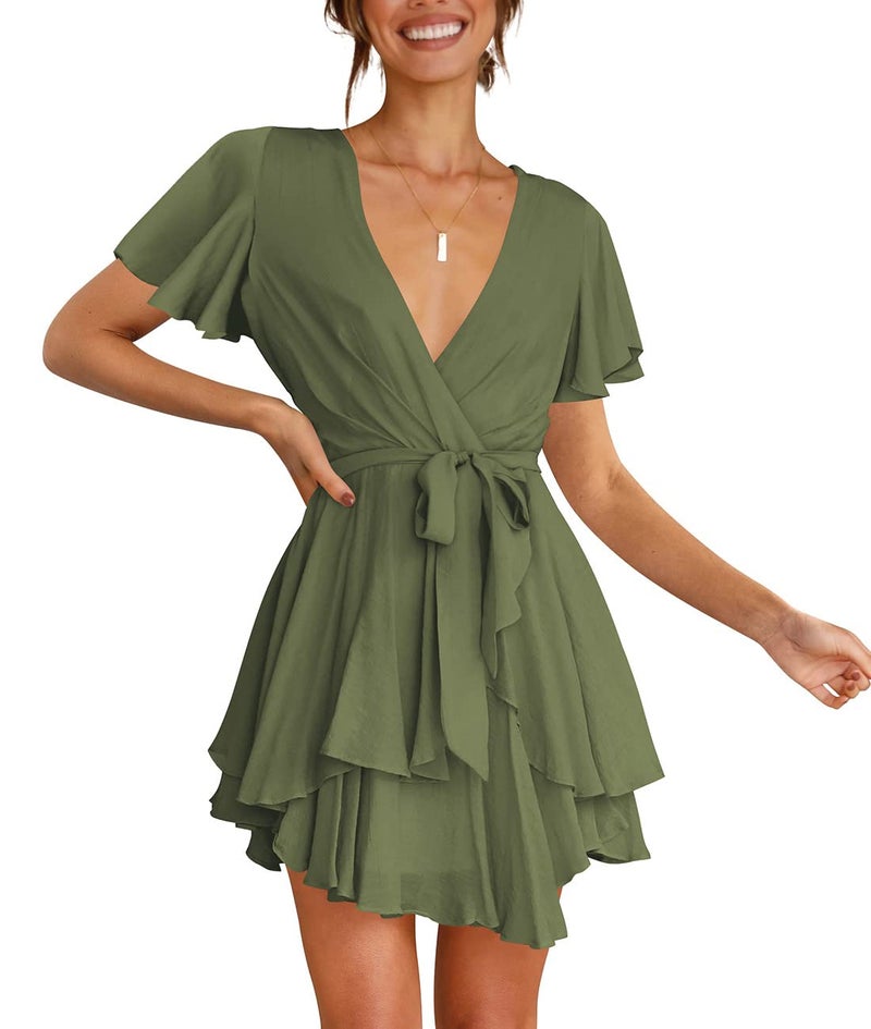 Cosonsen Womens Casual Dresses Short Sleeve Deep V-Neck Tie Waist Short Dress Green M - Image 5
