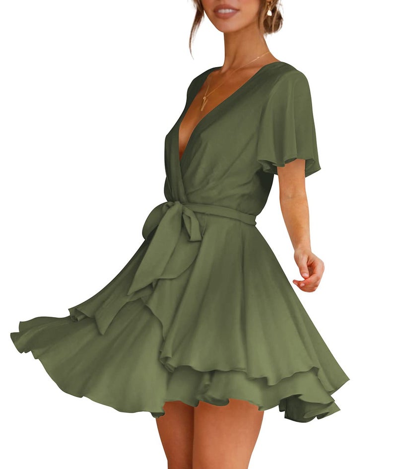 Cosonsen Womens Casual Dresses Short Sleeve Deep V-Neck Tie Waist Short Dress Green M - Image 2