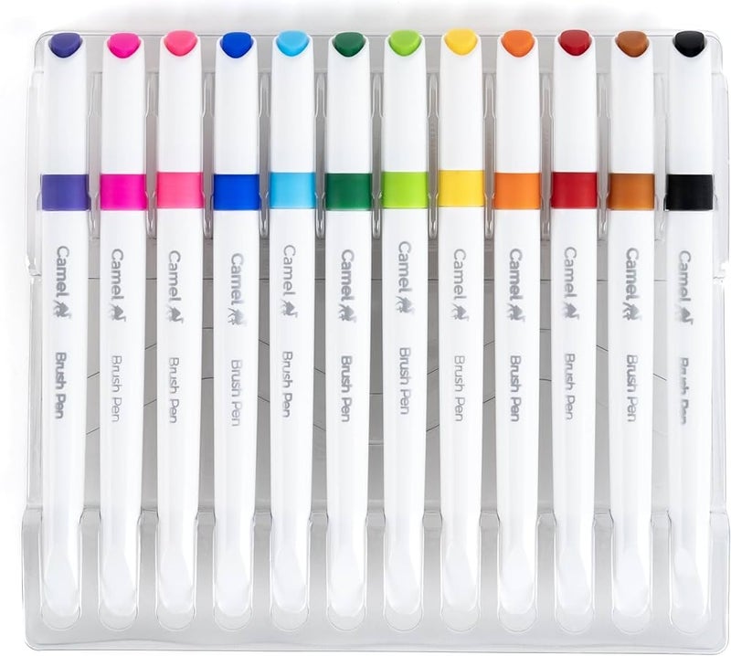 Camel Brush Pens – 12 Brilliant Shades (Pack of 1) | Flexible Brush Tip, Smooth Ink Flow, Ideal for Calligraphy, Doodling & Art