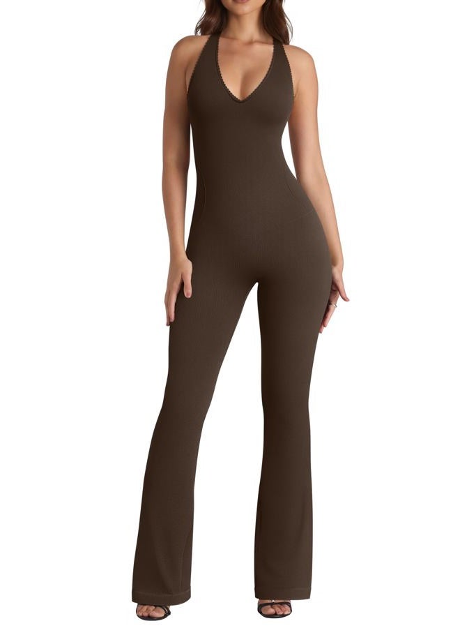 OQQ Jumpsuits for Women Fall Winter Halterneck Sleeveless Lace-Trim Flared Jumpsuit, Darkbrown, M - Image 1