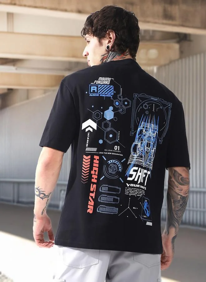 هاي ستار تي شيرت قطن مطبوع برسومات موتو ريسر بياقة دائرية وأكمام قصيرة بقصة مريحة