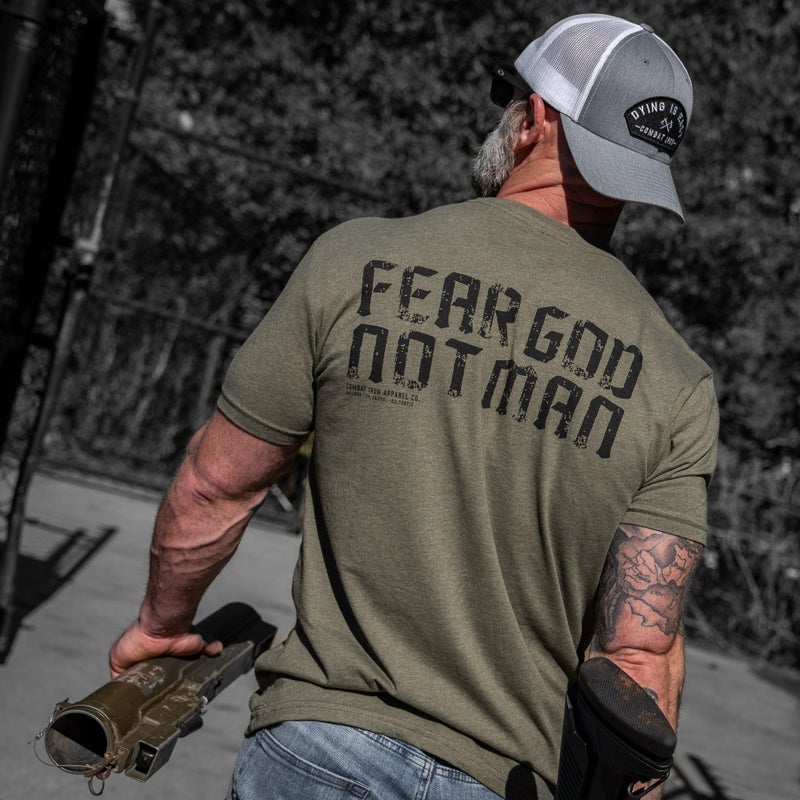 Combat Iron Men's Graphic Tees | Fear God Not Man | Menâ€™s Graphic T-Shirts | Military Green, Medium - Image 2