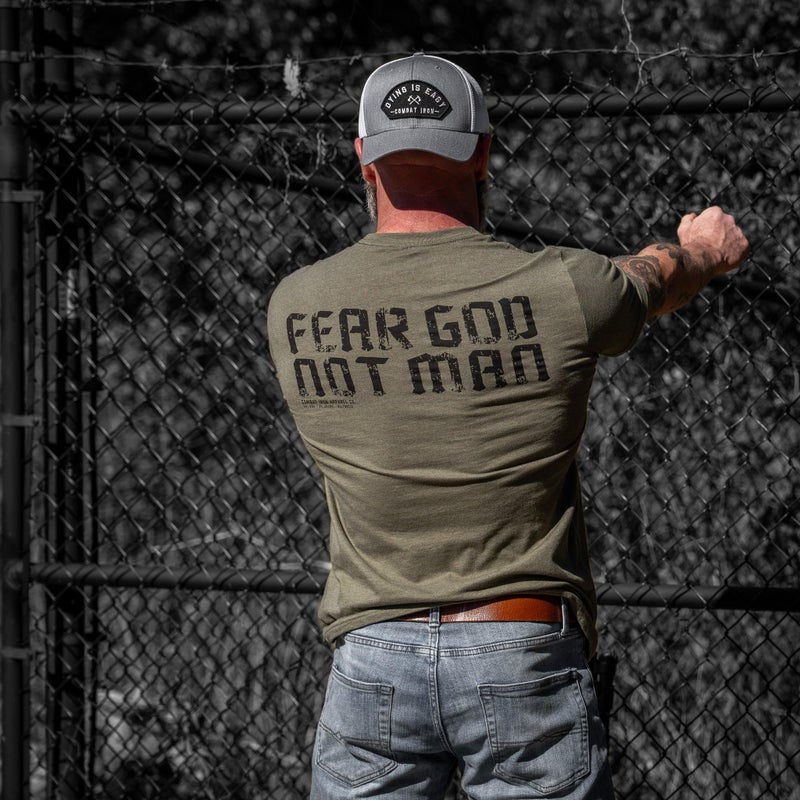 Combat Iron Men's Graphic Tees | Fear God Not Man | Menâ€™s Graphic T-Shirts | Military Green, Medium - Image 5
