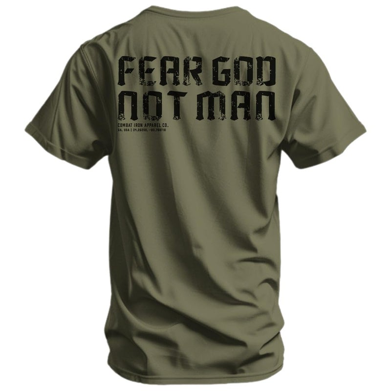 Combat Iron Men's Graphic Tees | Fear God Not Man | Menâ€™s Graphic T-Shirts | Military Green, Medium - Image 1