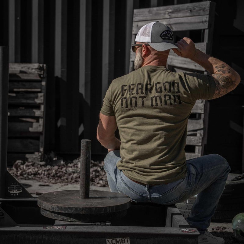 Combat Iron Men's Graphic Tees | Fear God Not Man | Menâ€™s Graphic T-Shirts | Military Green, Medium - Image 4