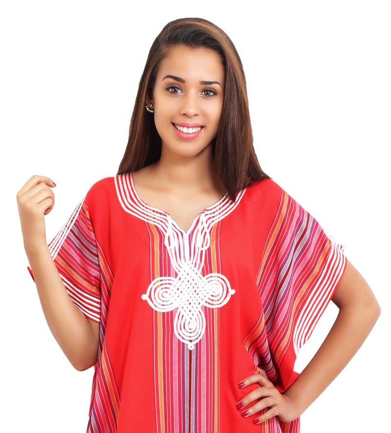 Treasures Of Morocco قفاطين مغربية للنساء خفيفة الوزن من الكتان مصنوعة يدويًا من صغير إلى كبير باللون الأحمر - Image 3