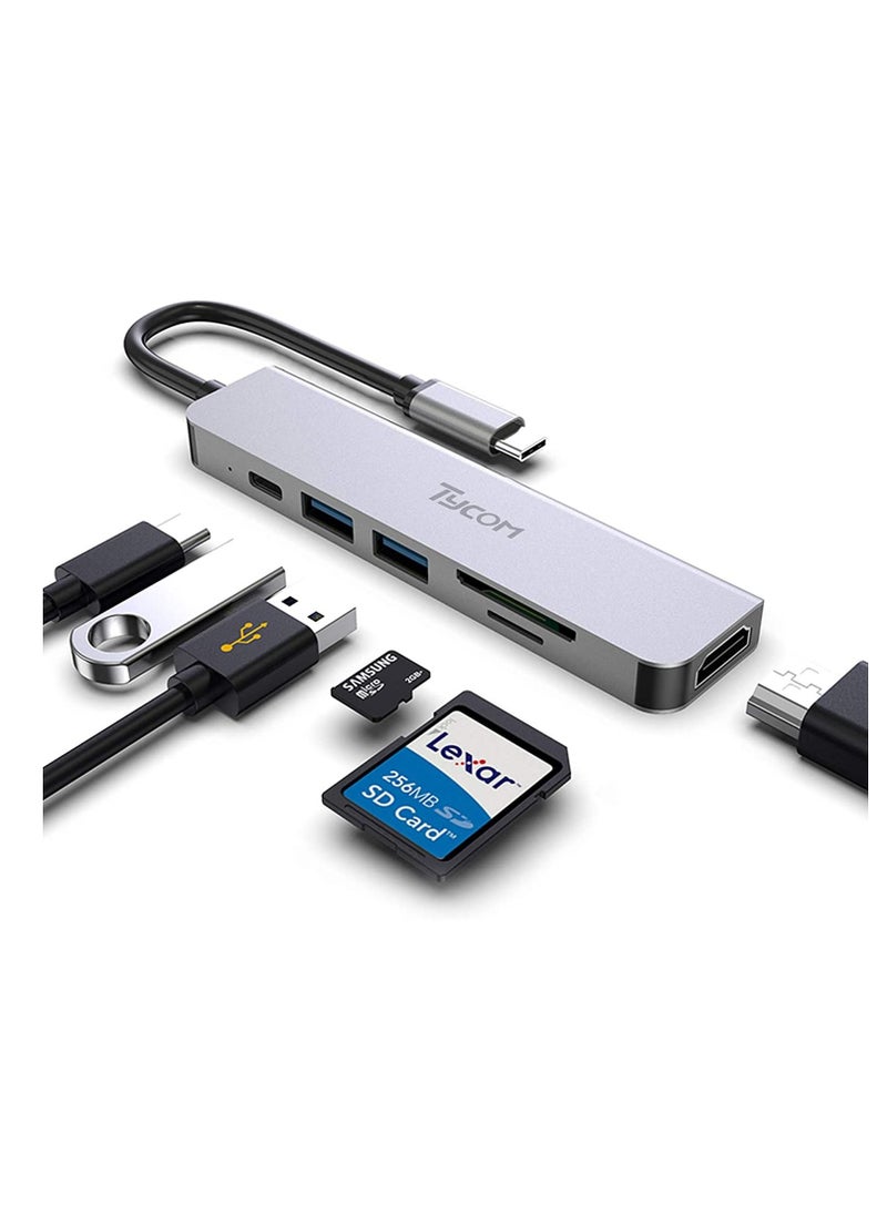 TYCOM USB C Hub Multiport Adapter - 6 in 1 Portable Space Aluminum Dongle with 4K HDMI Output, 2 USB 3.0 Ports, Type-C Charging Port, SD/Micro SD Card Reader Compatible for Macbook More Type C Devices  - Image 1
