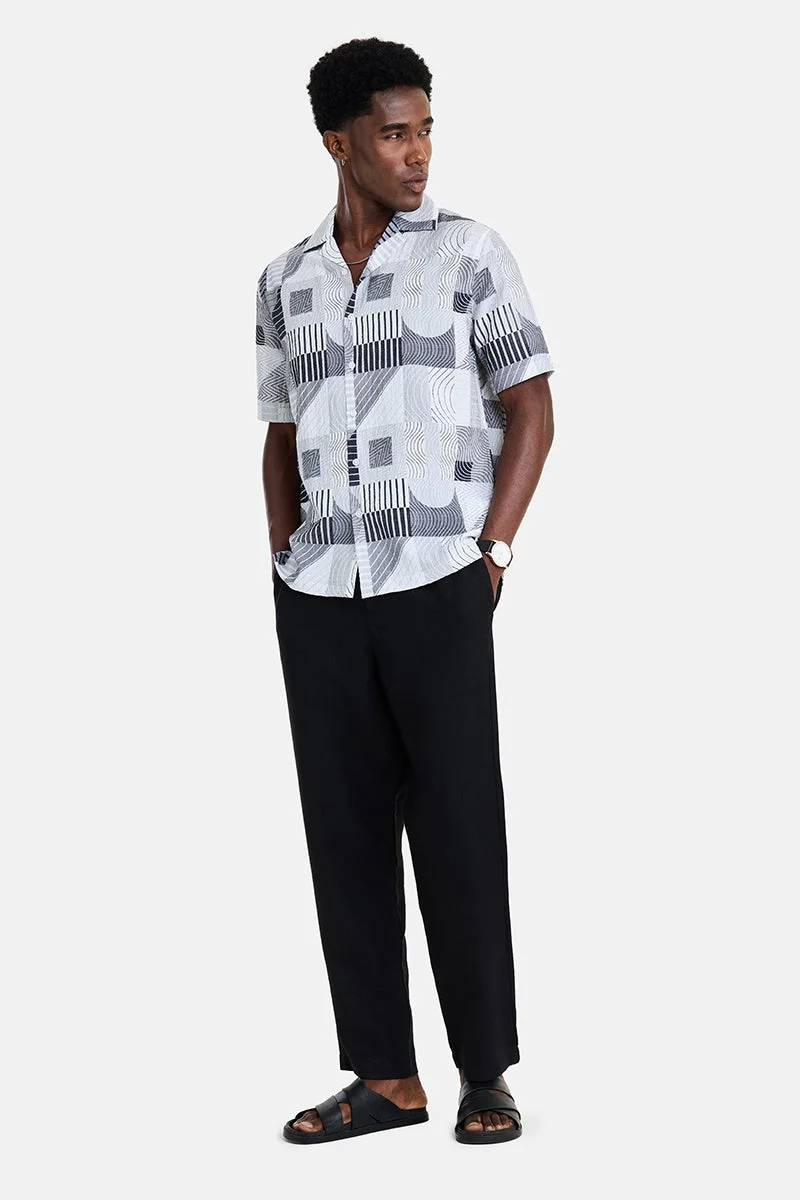 سنيتش White Geometric Half Sleeve Boxy Vacation Shirt