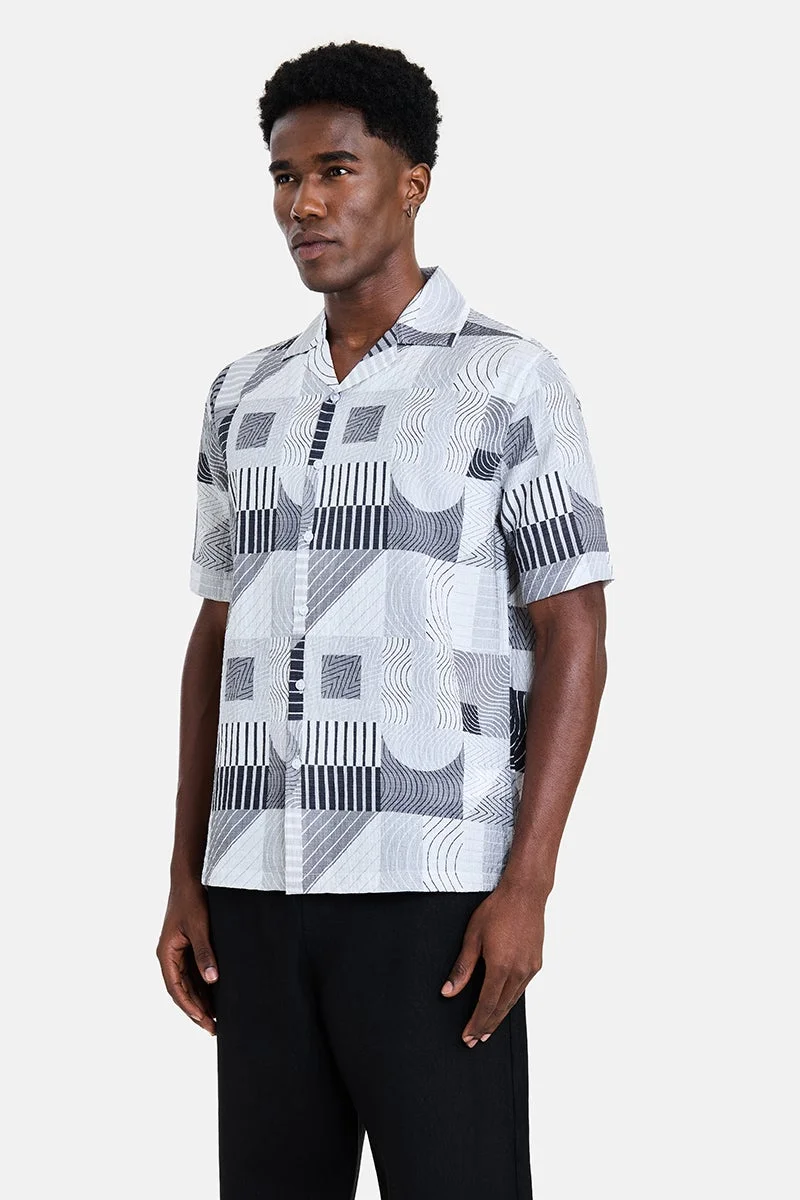 سنيتش White Geometric Half Sleeve Boxy Vacation Shirt