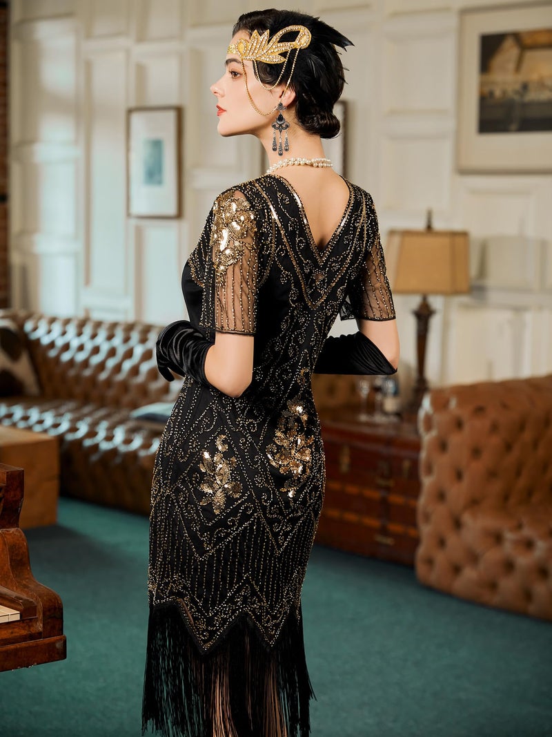 SWEETV Women's Flapper Dresses 1920s Fringed Sequin Great Gatsby Dress with 20s Accessories -Roaring 20s Costumes Black-Gold X-Large - Image 3