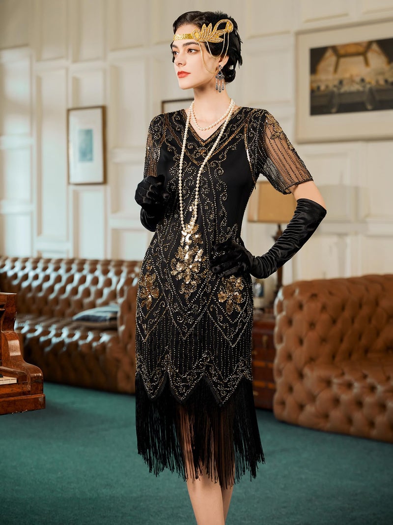 SWEETV Women's Flapper Dresses 1920s Fringed Sequin Great Gatsby Dress with 20s Accessories -Roaring 20s Costumes Black-Gold X-Large - Image 2