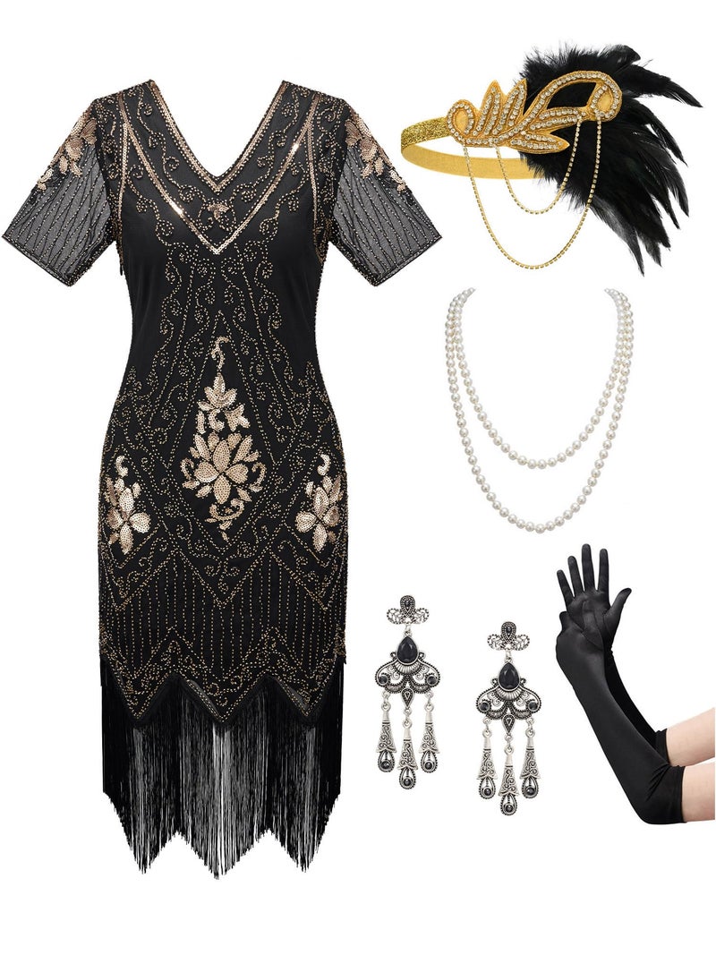 SWEETV Women's Flapper Dresses 1920s Fringed Sequin Great Gatsby Dress with 20s Accessories -Roaring 20s Costumes Black-Gold X-Large - Image 1