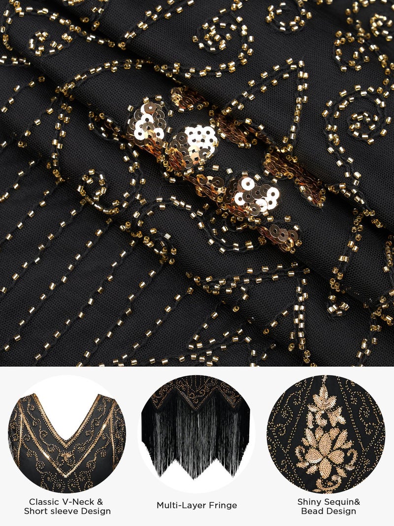 SWEETV Women's Flapper Dresses 1920s Fringed Sequin Great Gatsby Dress with 20s Accessories -Roaring 20s Costumes Black-Gold X-Large - Image 4