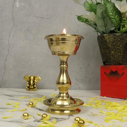 Spillbox Traditional Brass Diya for Puja | Pooja Aarti | Arti Deepak Deepam Oil Lamp for Home Temple Puja Articles Decor Gifts- Udupi Nandha Stand (Large) - Image 4