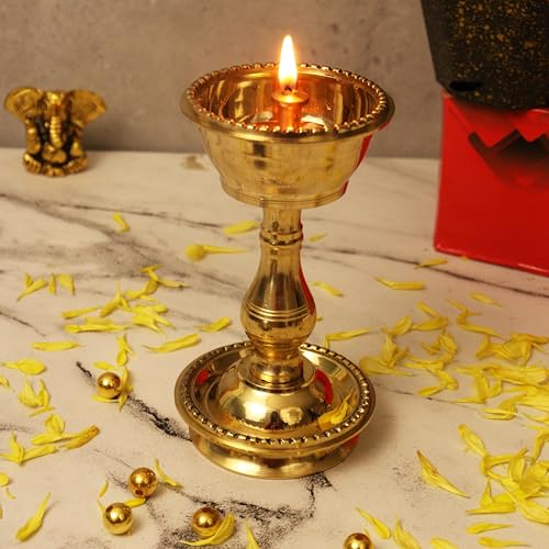 Spillbox Traditional Brass Diya for Puja | Pooja Aarti | Arti Deepak Deepam Oil Lamp for Home Temple Puja Articles Decor Gifts- Udupi Nandha Stand (Large) - Image 2