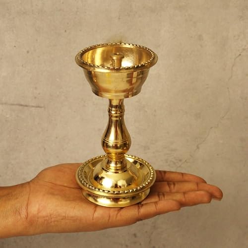 Spillbox Traditional Brass Diya for Puja | Pooja Aarti | Arti Deepak Deepam Oil Lamp for Home Temple Puja Articles Decor Gifts- Udupi Nandha Stand (Large) - Image 3