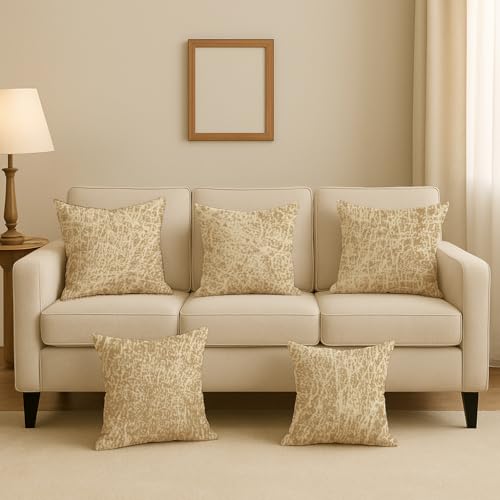 FABANE 20 x 20 Inch Double-Sided Printed Velvet Cushion Covers – Set of 5 Square Decorative Pillow Covers for Sofa, Couch or Bed (Texture Beige) - Image 1