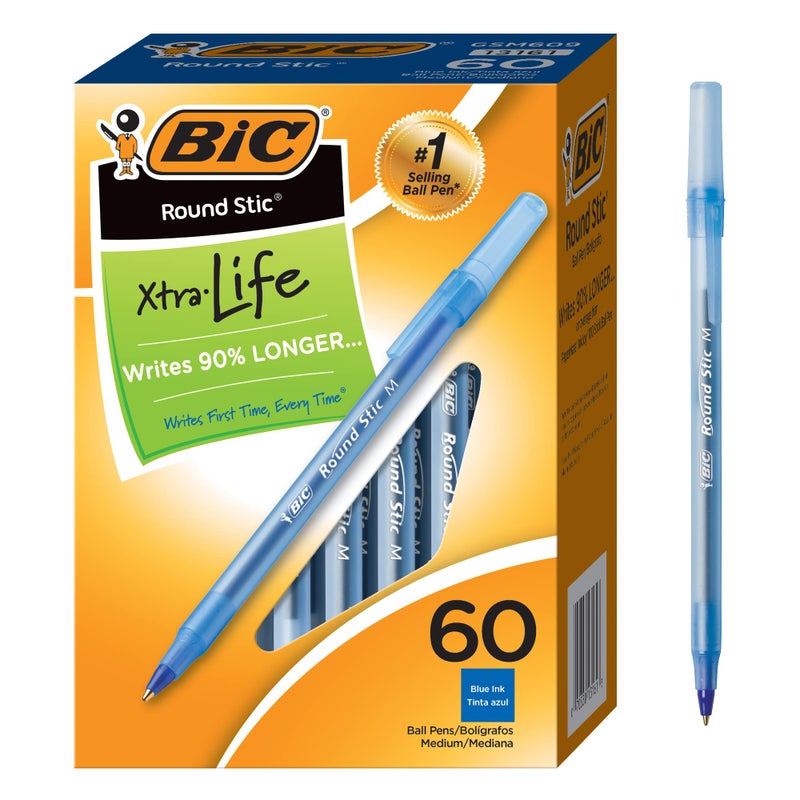 BIC Round Stic Xtra Life Ballpoint Pens, Medium Point (1.0mm), Blue, Flexible Round Barrel For Writing Comfort, 60-Count - Image 1