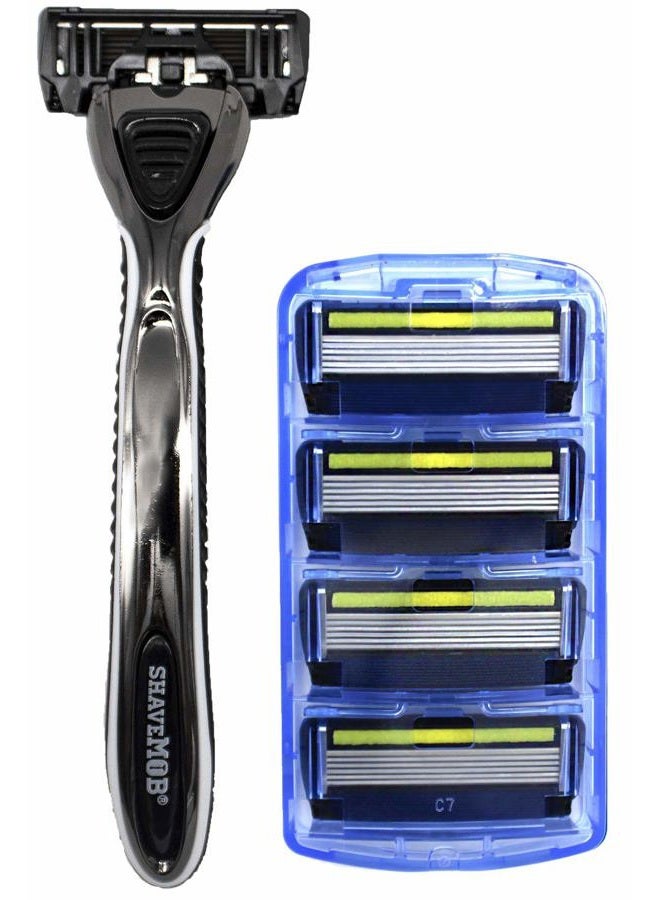 ShaveMOB 6-Blade Men's Razor Kit (Flex Head Handle with Trimmer + 4 Refills) - The Caveman Shaving Kit - Image 1