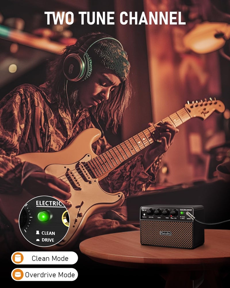 Flatsons FBA-10 Guitar Amp, 10W Mini Electric Guitar Amplifier with Clean/Drive Channel, 6H Working, USB-C Rechargeable, 3.5mm Headphone/AUX Jack, Wireless Portable Amp for Indoor Practice, Traveling - Image 4