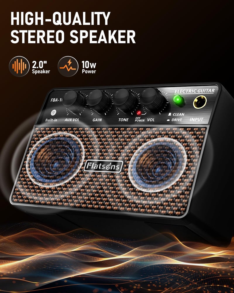 Flatsons FBA-10 Guitar Amp, 10W Mini Electric Guitar Amplifier with Clean/Drive Channel, 6H Working, USB-C Rechargeable, 3.5mm Headphone/AUX Jack, Wireless Portable Amp for Indoor Practice, Traveling - Image 3