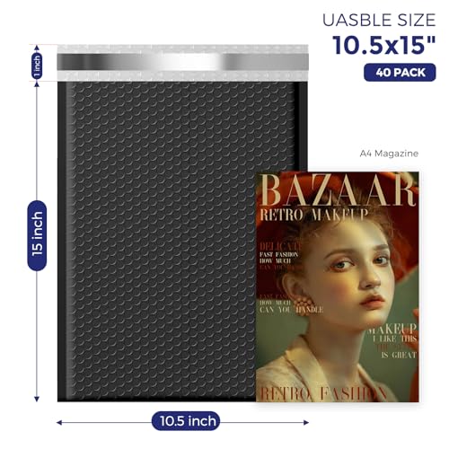 Fuxury Bubble Mailers, 10.5x16 Inch 25 Pack Padded Envelopes Self Seal Adhesive Waterproof, Large Shipping Envelopes, Padded Mailers, Bubble Bags for Mailing, Packaging, Small Business, Black#5 - Image 2