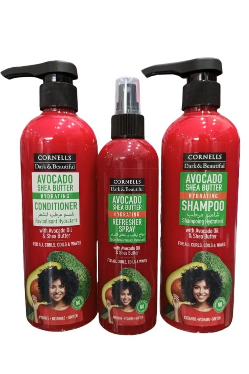 شامبو 480 مل وبلسم 480 مل وبخاخ 250 مل مرطب للشعر بالافوكادو وزبدة الشيا خالي من البارابين والكبريتات والسيليكون
