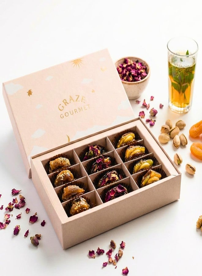 OH CHA - Graze Gourmet Stuffed Medjool Dates Gift Box, 12pcs | 3 Exotic Dry Fruits Dates - Mango Cashew,Almond Pistachio, Orange Candy | Premium Stuffed Khajoor Box for Festive Celebrations, Iftar, Eid, Weddings, Anniversaries & Corporate Gifting - Image 1