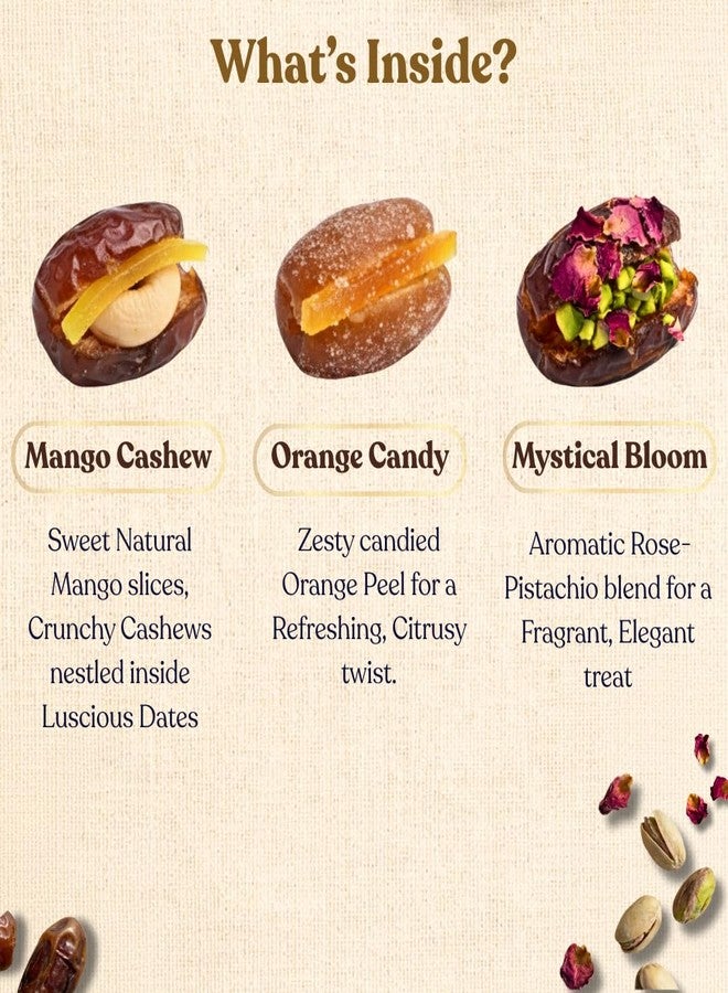 OH CHA - Graze Gourmet Stuffed Medjool Dates Gift Box, 12pcs | 3 Exotic Dry Fruits Dates - Mango Cashew,Almond Pistachio, Orange Candy | Premium Stuffed Khajoor Box for Festive Celebrations, Iftar, Eid, Weddings, Anniversaries & Corporate Gifting - Image 2